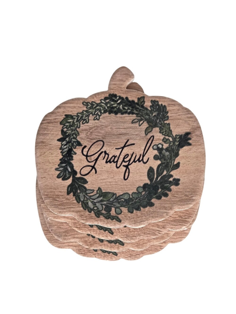 Grateful Pumpkin Shaped Ceramic Coasters Set Natural Wood Tone Look Fall Decor